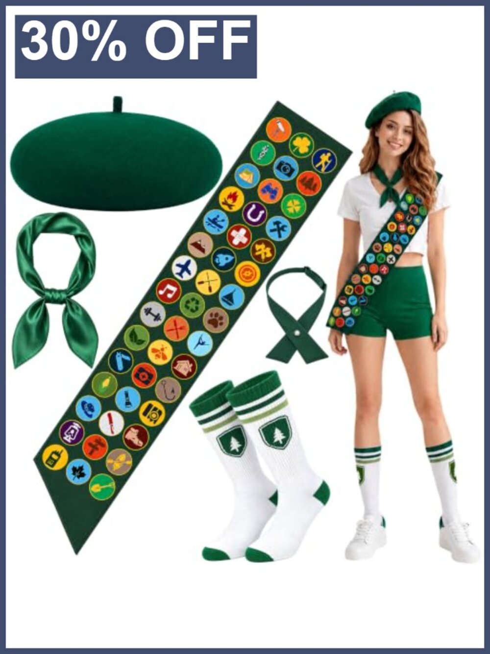 5pc Scout Costume Set Women Girls Green Sash Beret Hat Socks Neckerchief